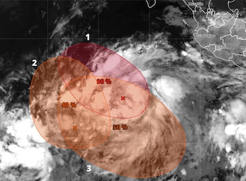 Mapa satelital sobre el Pacífico mexicano con tres zonas ovaladas que señalan 40 %, 50 % y 90 %