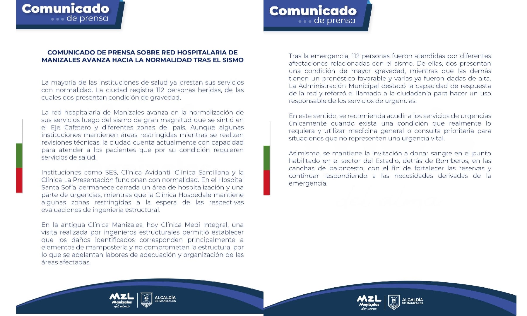 La Alcaldía de Manizales informó sobre la normalización de su red hospitalaria - crédito @CiudadManizales/X
