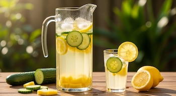 Jarra y vaso de agua con hielo, rodajas de pepino, limón y trozos de piña en una mesa de madera. Hay limones enteros y pepino cortado cerca.