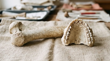 Un fragmento de hueso largo y una mandíbula humana con dentadura completa yacen sobre una tela de color beige claro