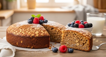 Una torta redonda de avena cortada con una porción, decorada con frutos rojos, menta y azúcar en polvo, junto a un vaso de leche y una espátula.