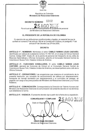 El Decreto 1302 del 25 de agosto de 2026 establece el nombramiento de Camilo Naman Louis Castaño como cónsul general central en Nueva York. - crédito Presidencia