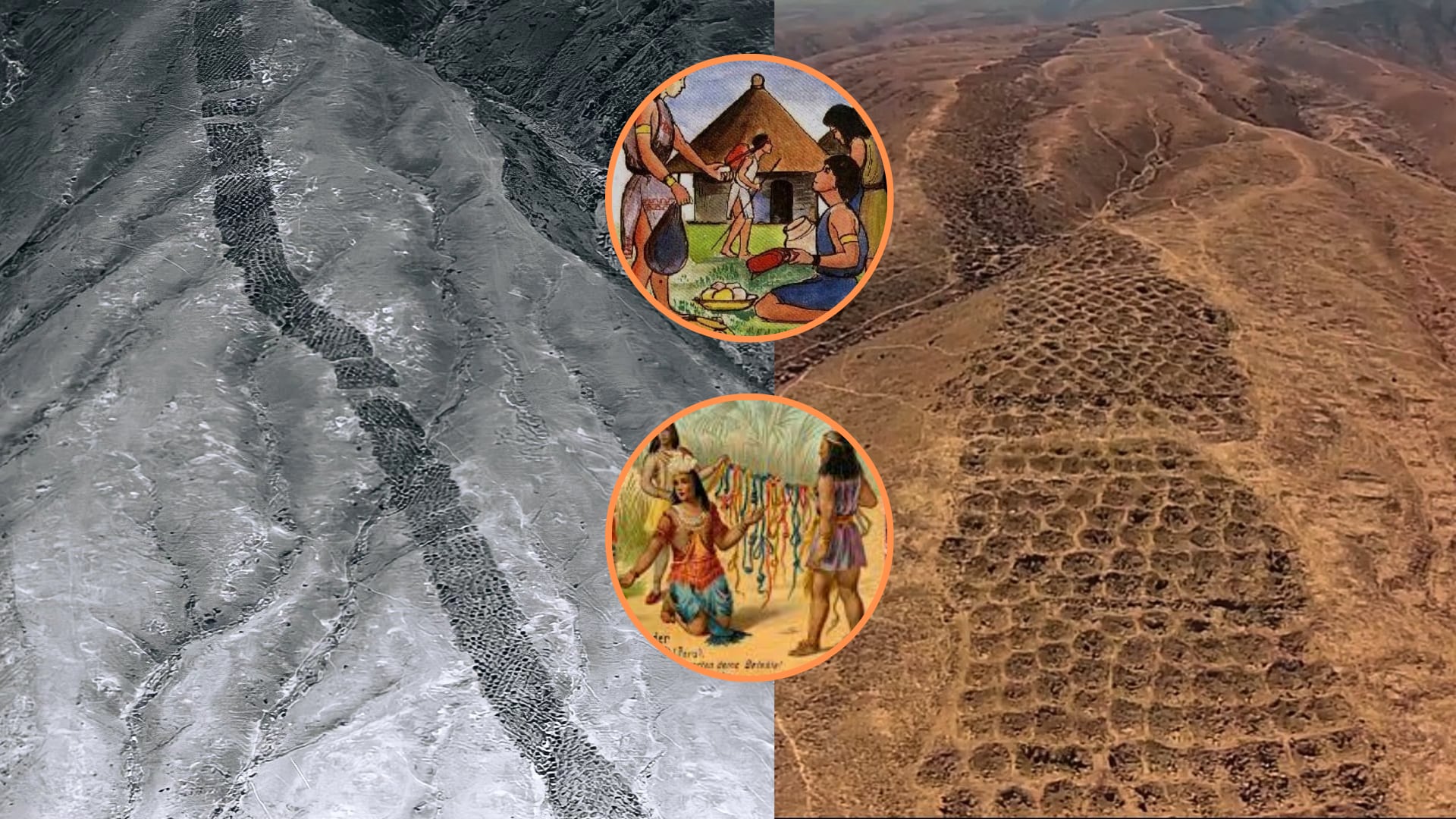 En una colina árida del valle de Pisco se encuentra la Banda de agujeros de Monte Sierpe, una formación de más de 5.200 orificios alineados en patrones geométricos visibles desde el aire. (Composición: Infobae)