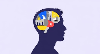 Ilustración plana de una silueta humana en perfil (azul oscuro) con un cerebro multicolor de formas geométricas, conteniendo escenas y símbolos abstractos, sobre fondo violeta.