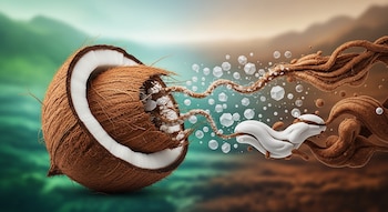 Ilustración científica de una cáscara de coco abierta con estructuras fúngicas orgánicas y partículas flotando, sobre un fondo difuso verde y marrón.