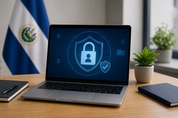 Una computadora portátil abierta sobre un escritorio de madera muestra un candado y un escudo digitales, junto a la bandera de El Salvador.