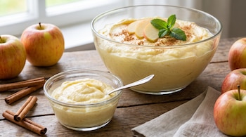 Dos boles de cristal con mousse de manzana, varias manzanas frescas, ramas de canela y una servilleta de lino sobre una mesa de madera. Un bol pequeño contiene una cuchara.