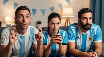 Tres personas con camisetas de la selección argentina sentadas en un sofá. Un hombre cruza los dedos, una mujer bebe mate y otro hombre mira hacia arriba.
