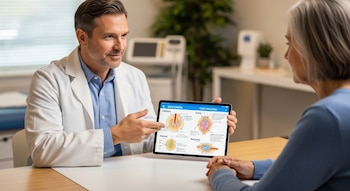 Un hombre en bata de laboratorio blanca señala una tableta digital que muestra diagramas de callosidades y helomas a una mujer sentada frente a él en una consulta.