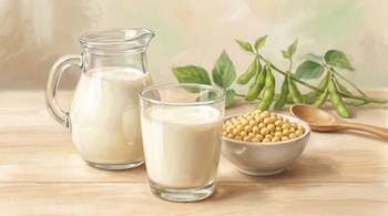 Ilustración de un vaso de leche de soya, una jarra con leche y un bol de granos de soya amarillos sobre una mesa de madera clara, con ramas verdes de soya al fondo.