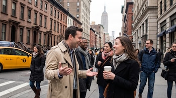 Un grupo de personas camina y conversa en una calle urbana; se aprecian edificios, un taxi amarillo y el Empire State Building al fondo, con un cielo nublado.