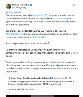 El alcalde de Cartagena, Dumek Turbay, confirmó la captura del italiano - crédito @dumek_turbay/X