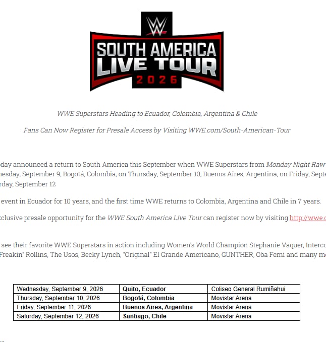 La WWE visitará Colombia, Ecuador, Argentina y Chile - crédito WWE