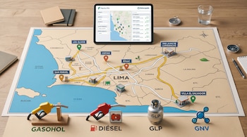 Mapa de Lima con miniaturas de estaciones de servicio, una tableta digital, boquillas de combustible, un cilindro de gas y un icono molecular.