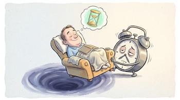 Dibujo de un hombre dormido en un sillón con un libro sobre el pecho, una burbuja con un reloj de arena y un despertador.