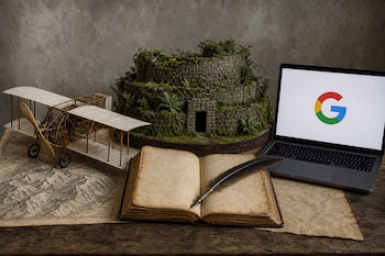 Una maqueta de avión sobre un mapa, una estructura de piedra circular con musgo, un libro antiguo con pluma y una laptop con el logo de Google.