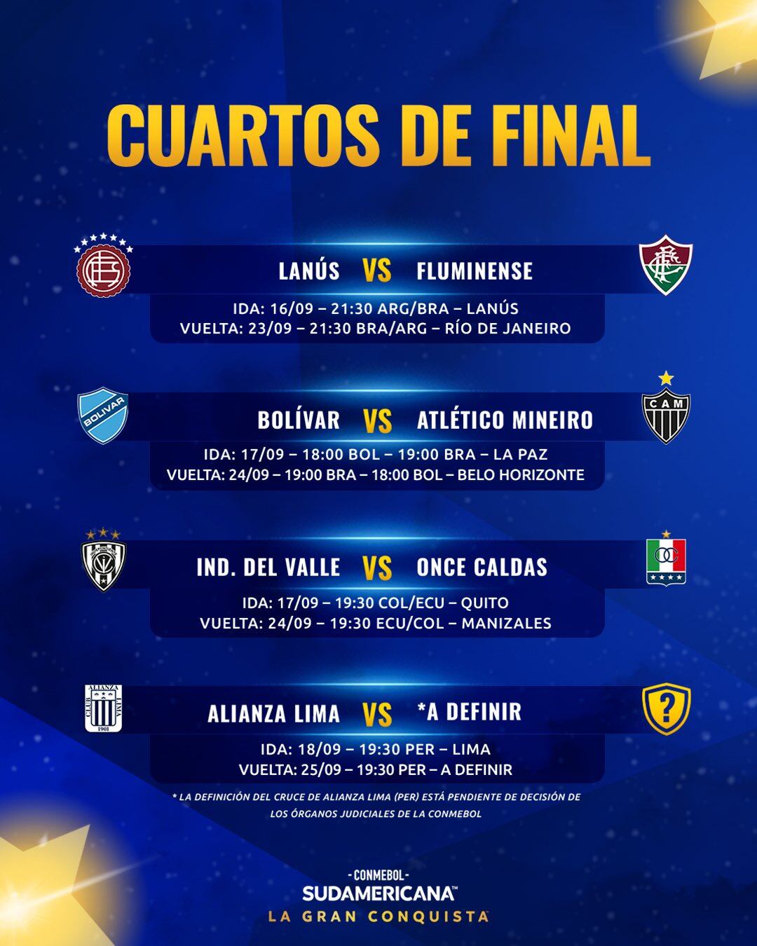 Esta es la programación de los cuartos de final en la Copa Sudamericana 2025, a falta de definir una llave - crédito Conmebol