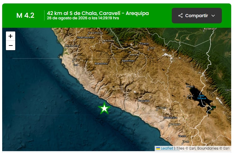 Un mapa sísmico ubica el epicentro de un temblor de magnitud 4,2 a 42 kilómetros al sur de Chala, en la región peruana de Arequipa. (IGP)