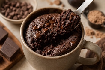 Taza de cerámica con bizcocho de chocolate del que se extrae una porción con cuchara, acompañada de tabletas y chispas de chocolate.