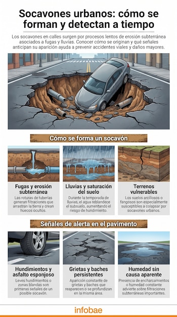 Infografía con un coche caído en un socavón, y diagramas que ilustran la formación por fugas, lluvias y terrenos, más señales de grietas y humedad.