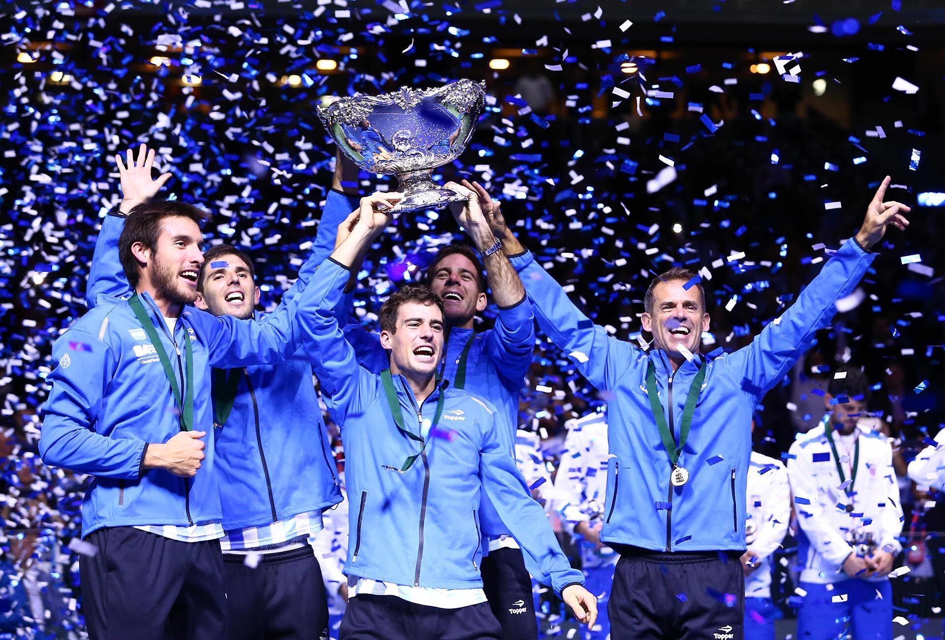 Tennis - Croatia v Argentina - Davis Cup Final - Arena Zagreb, Croatia - 27/11/16 Argentina's Leonardo Mayer, Guido Pella, Federico Delbonis, Juan Martin del Potro and Daniel Orsanic react during the victory ceremony. REUTERS/Antonio Bronic