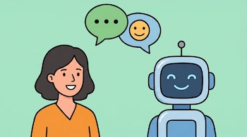 Ilustración de una mujer y un robot chatbot sonrientes con burbujas de diálogo sobre sus cabezas, sobre un fondo plano de color verde pastel.