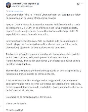 Este fue el mensaje de Abelardo de la Espriella tras la captura de "Firu" - crédito @ABDELAESPRIELLA/X