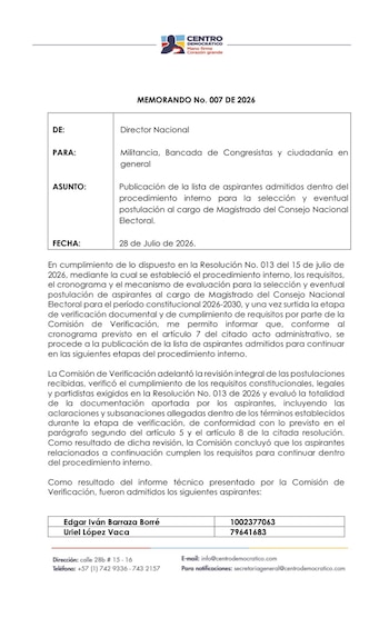 Cinco aspirantes superan primera fase interna del Centro Democrático rumbo al CNE - crédito Prensa Centro Democrático