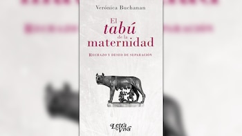 Portada del libro "El tabú de la maternidad" de Verónica Buchanan, mostrando el título en morado y una ilustración de la Loba Capitolina amamantando a Rómulo y Remo