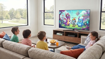 Cuatro niños sentados en un sofá miran la televisión, que muestra un dibujo animado con un dragón púrpura, un robot y una criatura azul.