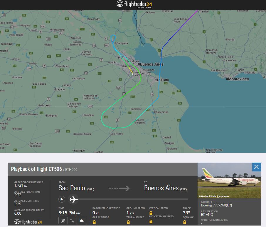 El vuelo ET506 despegó desde San Pablo y sobrevoló varias localidades del AMBA antes de aterrizar en Ezeiza