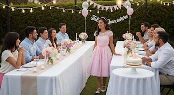 Una Quinceañera con vestido rosa y tiara sonríe de pie junto a una mesa larga, donde familiares y amigos sentados celebran al aire libre con decoraciones y pastel.