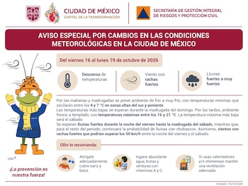 Infografía informativa de Protección Civil con una mascota con abrigo, iconos del clima y recomendaciones para bajas temperaturas