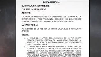 Documento titulado Ayuda Memoria de la CIA. PNP. Las Praderas con detalles de lugar, fecha 27 de julio de 2026 e incendio vehicular