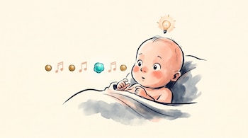Dibujo de un bebé acostado bajo una manta que mira una fila de notas musicales y esferas, con una pequeña bombilla encendida sobre la cabeza.