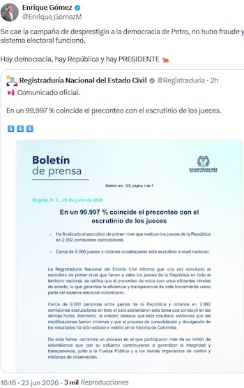 Enrique Gómez afirmó que no hubo fraude y respaldó funcionamiento del sistema electoral - crédito @Enrique_GomezM/X