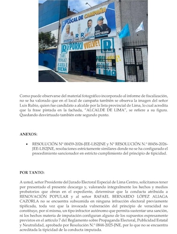 Un documento oficial con texto impreso que incluye la foto de la fachada de un local de campaña con afiches y pintas electorales