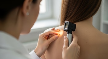 Primer plano de un dermatólogo examinando un lunar rojo en el hombro de un paciente con un dermatoscopio. Se ven las manos del médico y el hombro y espalda del paciente.