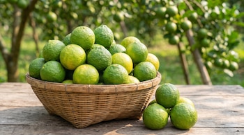 Canasta de mimbre llena de bergamotas verdes sobre una mesa de madera con varias frutas sueltas al lado y árboles al fondo.