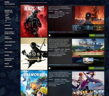 Interfaz de tienda de videojuegos con filtros, portadas de juegos (Ready or Not, Ghost of Tsushima, Palworld), descripciones y precios