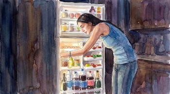 Ilustración en acuarela de una mujer inclinada frente a un refrigerador abierto con botellas y comida en una cocina oscura.