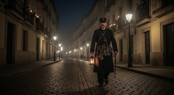 Un sereno con uniforme, gorra, gabán, farol encendido, manojo de llaves y bastón camina por una calle empedrada con faroles de gas y edificios con personas en balcones.