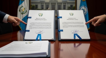 Mesa de madera con tres documentos. Dos documentos abiertos titulan 'Regulación Aeroportuaria' y 'Operación Aeroportuaria', señalados por dos manos. El tercero dice 'Aeronáutica Civil de Guatemala'.