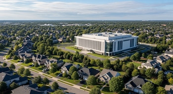 Vista aérea: edificio rectangular blanco de centro de datos entre numerosas casas residenciales con tejados oscuros, calles y densa vegetación verde.