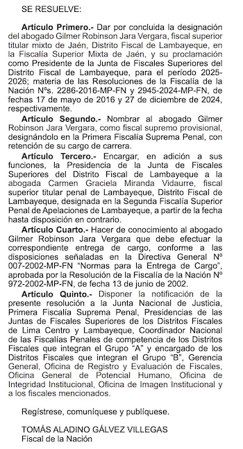Tomás Gálvez nombra nuevo fiscal supremo provisional