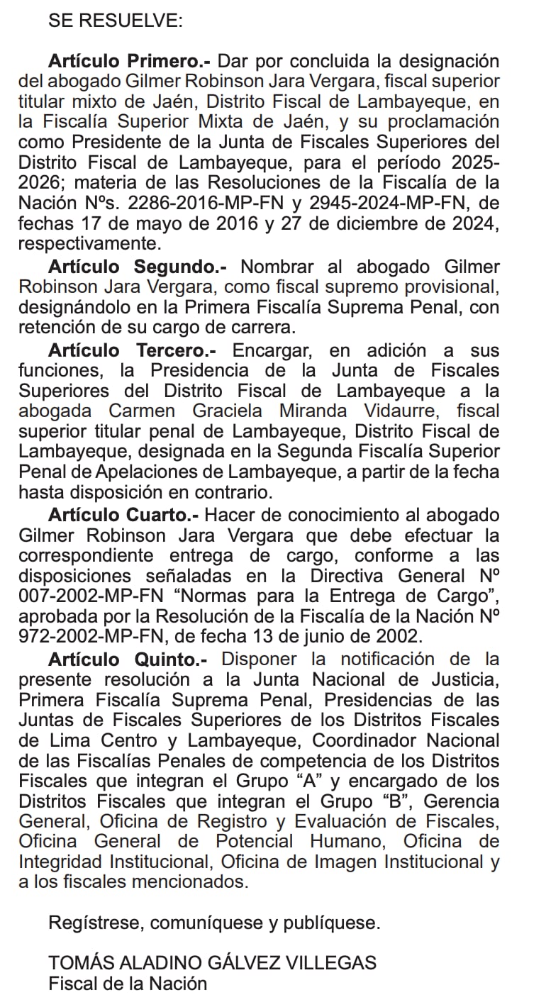 Tomás Gálvez nombra nuevo fiscal supremo provisional
