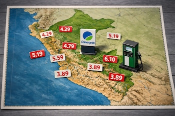 Mapa de Perú con varios tickets de precios de combustibles, un surtidor de gasolina en miniatura y un cartel de Osinergmin sobre una mesa.