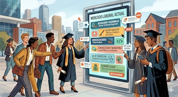 Ilustración de graduados diversos observando una pantalla digital gigante que presenta el mercado laboral actual con oportunidades de empleo