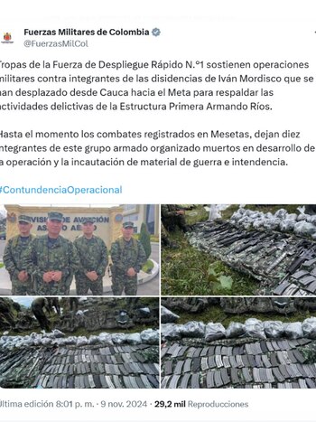 El Ejército anunció operativos en contra de las disidencias de Iván Mordisco - crédito @FuerzasMilCol/X