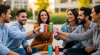 Cinco jóvenes sonrientes brindan con latas de bebidas de colores en un espacio exterior. Hay dos latas más y envases de snacks en el suelo.